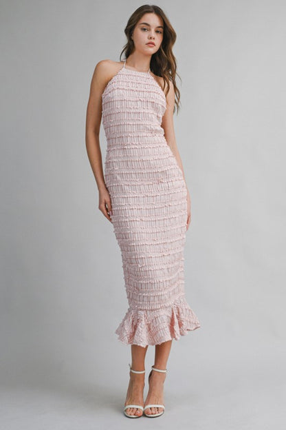SMOCKED TIERED HALTER BODICE MIDI DRESS