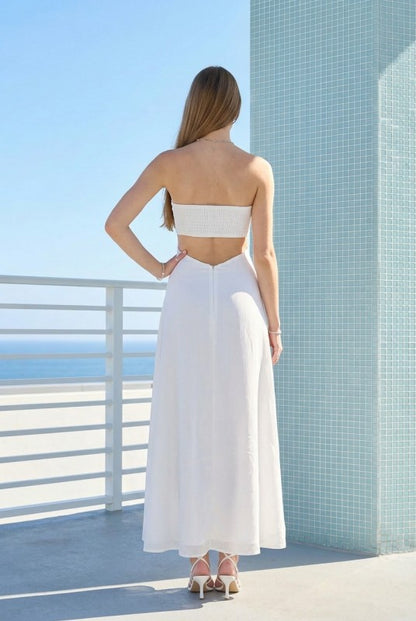 STRAPLESS FLORAL PRINT A-LINE LINEN MIDI DRESS