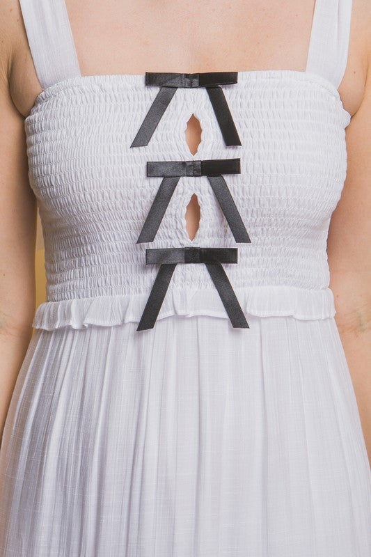 BOW STRAP TIERED MIDI DRESS
