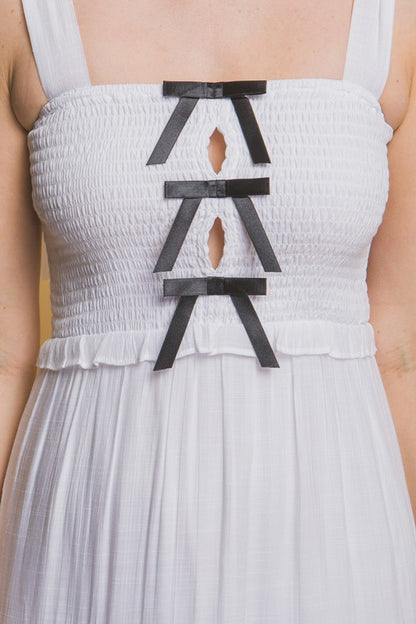 BOW STRAP TIERED MIDI DRESS
