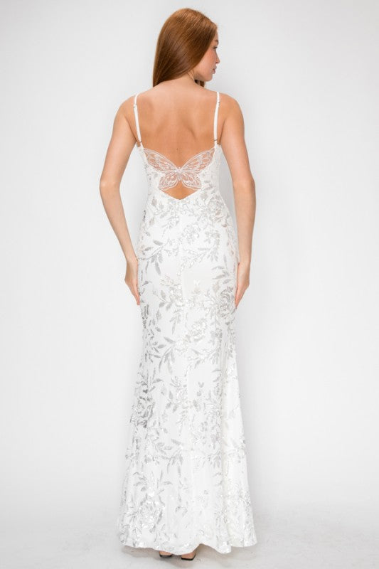 FLORAL SEQUIN MERMAID MAXI COCKTAIL DRESS