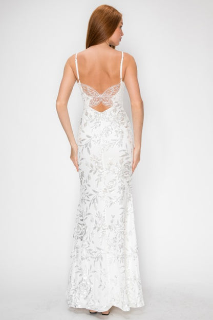 FLORAL SEQUIN MERMAID MAXI COCKTAIL DRESS
