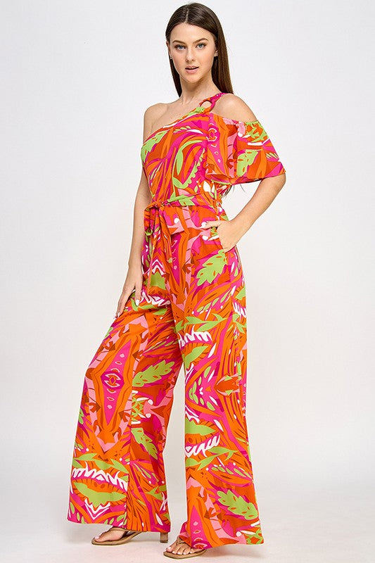 PRINTED ONE SHOULDER FLUTTER SLEEVE JUMPSUIT WITH SHOULDER TRIM