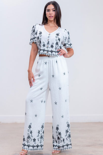 BUTTON UP EMBROIDERED TOP AMD PANTS SET