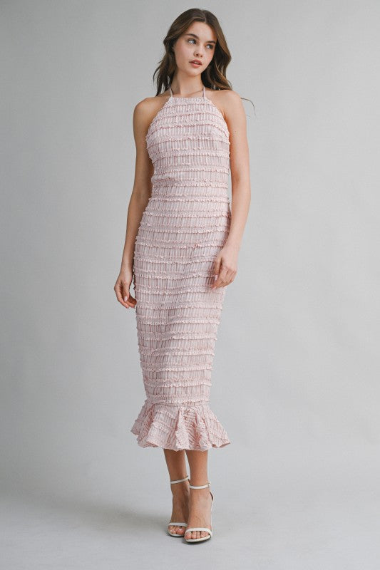 SMOCKED TIERED HALTER BODICE MIDI DRESS