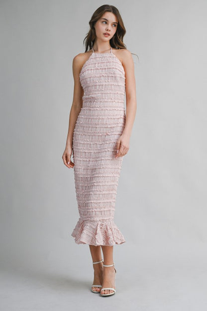 SMOCKED TIERED HALTER BODICE MIDI DRESS
