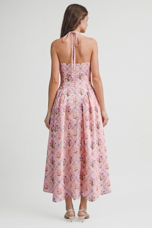 FLORAL JACQUARD HALTER MIDI DRESS