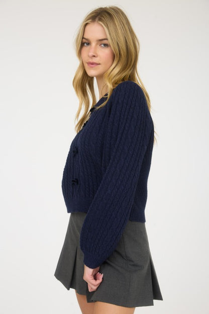 CABLE KNIT FRONT VELVET BOW DETAIL KNIT SWEATER