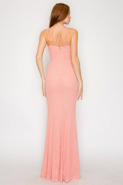 BEADED CORSET MESH MERMAID MAXI COCKTAIL DRESS