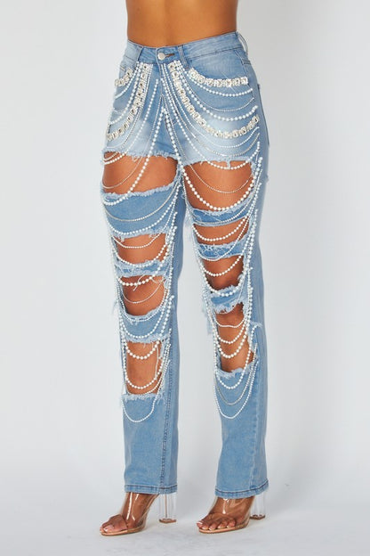 RIPPED DENIM PANTS WITH RHINESTONES