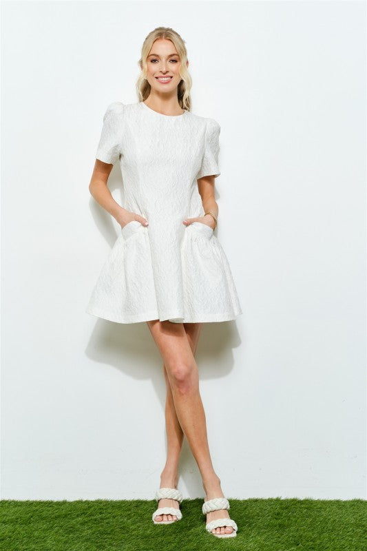 FLORAL JACQUARD FLARE MINI DRESS