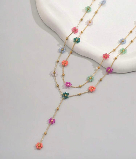 2 PCS STAINLESS STEEL Y FLOWER NECKLACE
