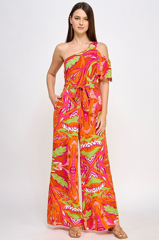 PRINTED ONE SHOULDER FLUTTER SLEEVE JUMPSUIT WITH SHOULDER TRIM