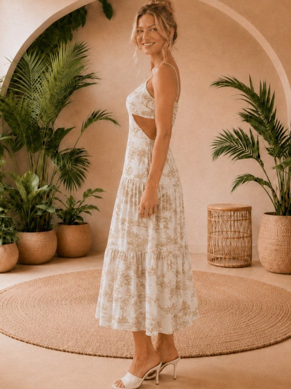 LINEN BLEND PRINTED TOILE FRONT CUT OUT MIDI DRESS