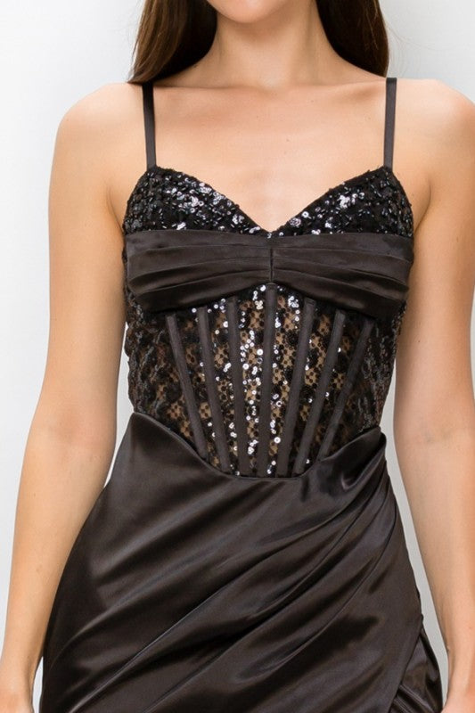 LATTICE SEQUIN SATIN CONTRAST MAXI PARTY DRESS