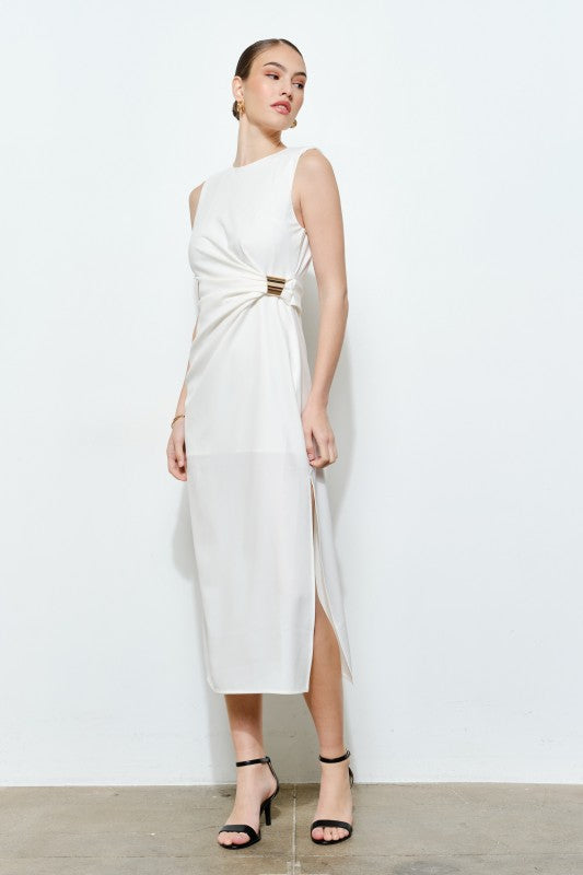 SLEEVELESS DRAPED GOLD ACCENT MIDI DRESS