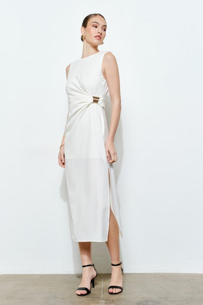 SLEEVELESS DRAPED GOLD ACCENT MIDI DRESS