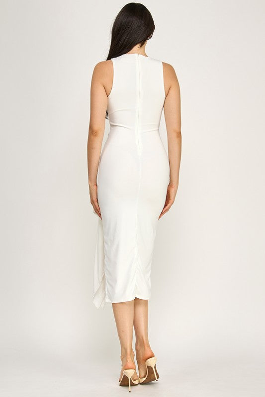 SLEEVELESS MOCK NECK RUFFLED MIDI DRESS