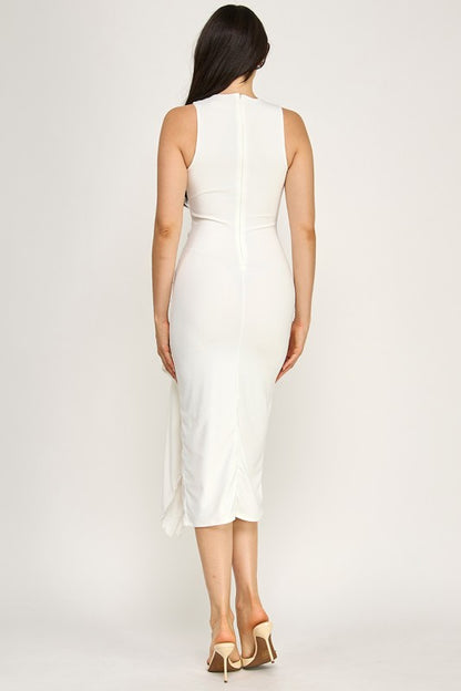 SLEEVELESS MOCK NECK RUFFLED MIDI DRESS