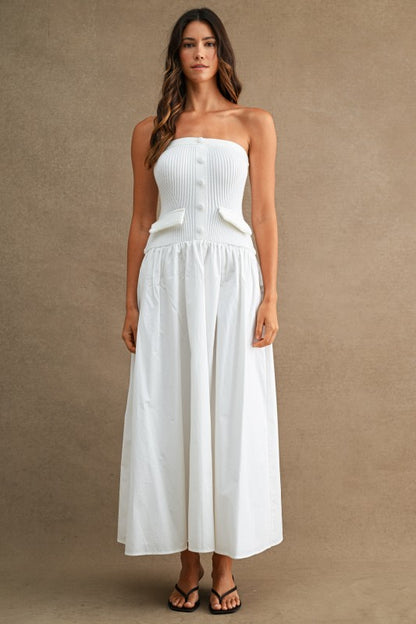 STRAPLESS RIBBED KNIT BODICE POPLIN MIX MAXI DRESS