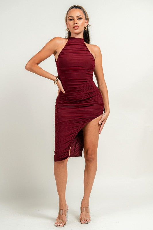 MOCK NECK MESH MIDI DRESS