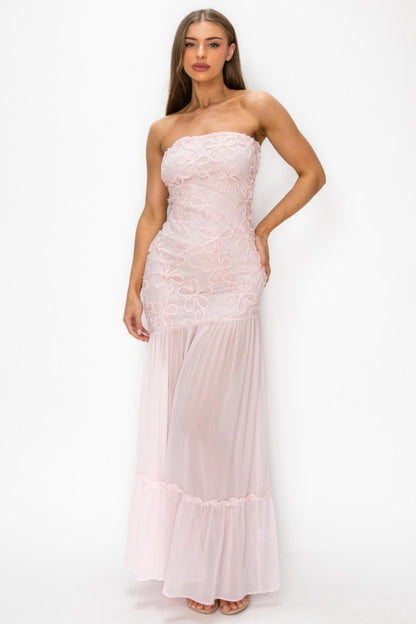 3D FLORAL LACE TUBE MESH DROPPED MAXI DRESS