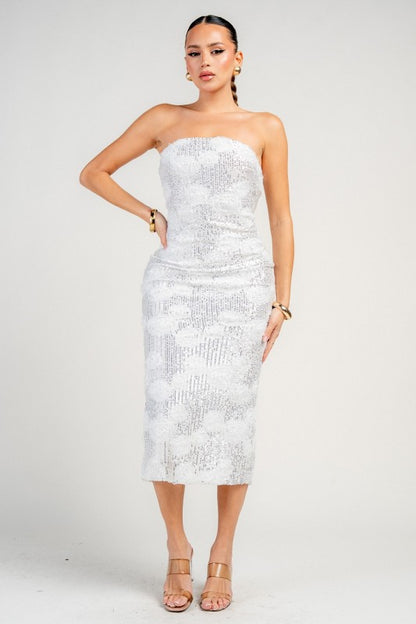 RIBBON 3D FLORAL SEQUINS LACE MIDI DRESS