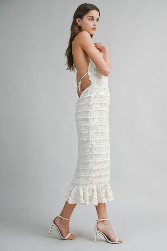 SMOCKED TIERED HALTER BODICE MIDI DRESS
