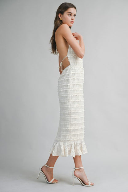 SMOCKED TIERED HALTER BODICE MIDI DRESS