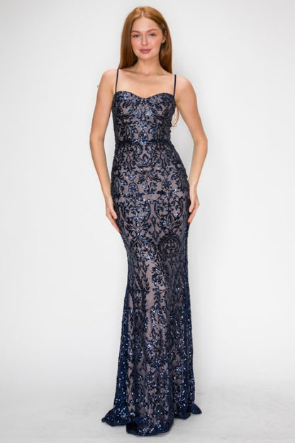 SEQUIN EMBELLISHED CORSET MAXI MERMAID COCKTAIL DREAS