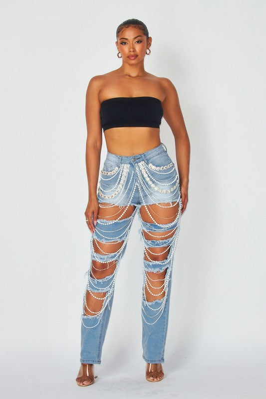 RIPPED DENIM PANTS WITH RHINESTONES