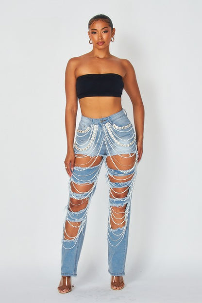 RIPPED DENIM PANTS WITH RHINESTONES