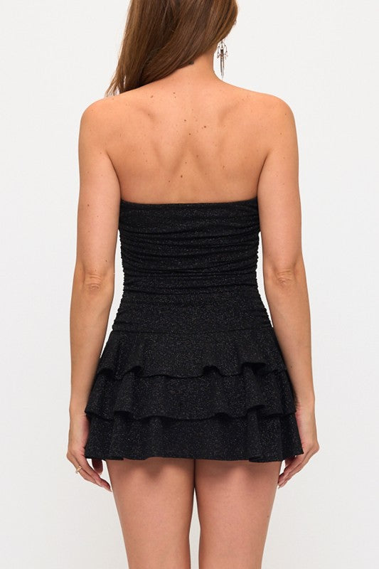 GLITTER RUCHED TRIPLE LAYER MINI PARTY DRESS