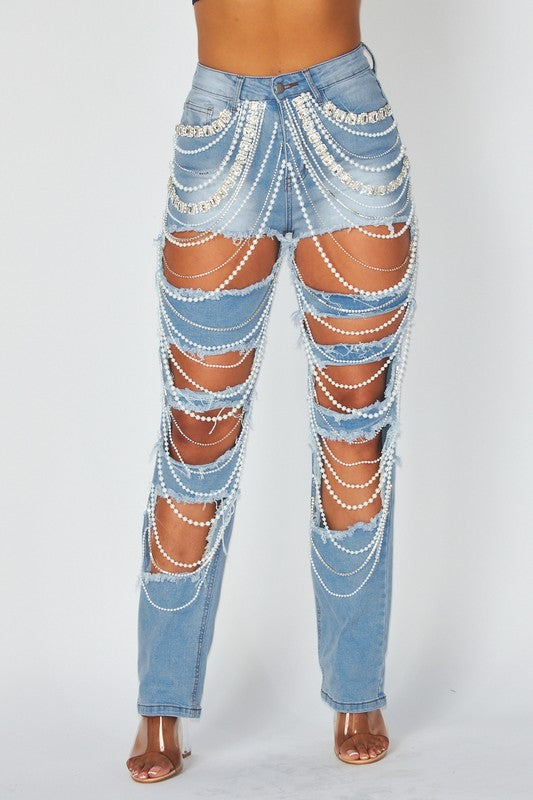 RIPPED DENIM PANTS WITH RHINESTONES