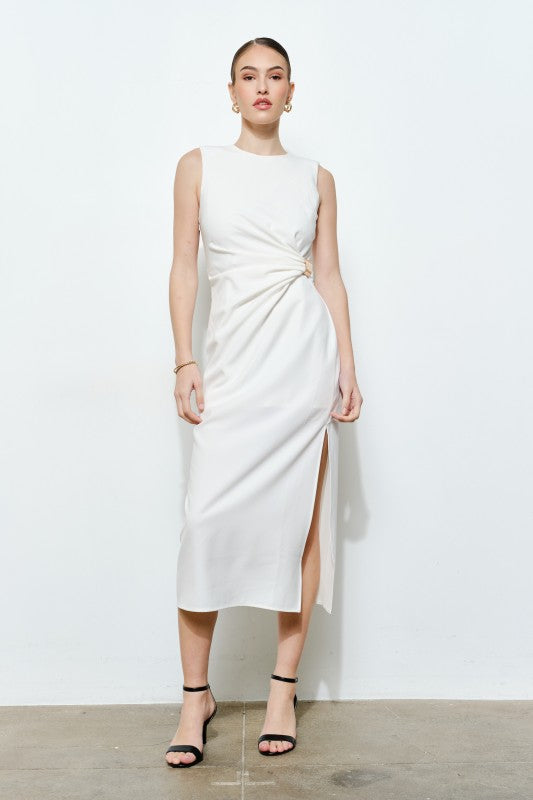 SLEEVELESS DRAPED GOLD ACCENT MIDI DRESS