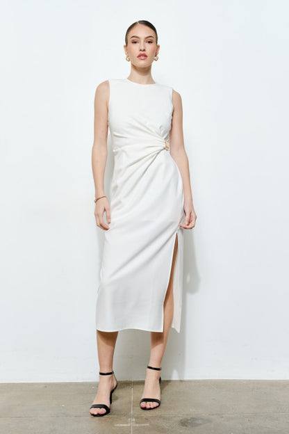 SLEEVELESS DRAPED GOLD ACCENT MIDI DRESS