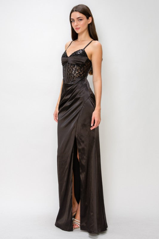 LATTICE SEQUIN SATIN CONTRAST MAXI PARTY DRESS