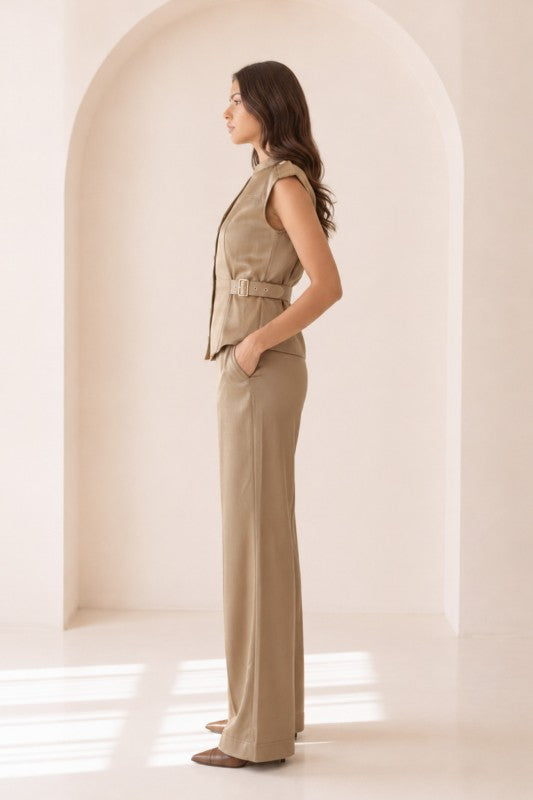 SATIN CRINKLED VEST & WIDE LEG PANTS SET