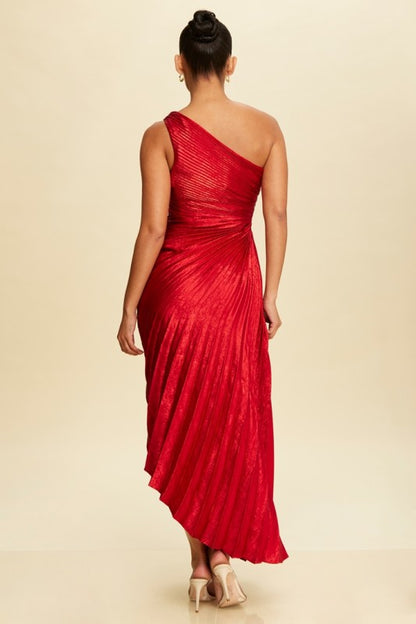 METALLIC PLEATED ONE SHOULDER DRESS