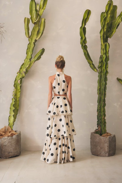 POLKA DOT HALTER NECK TOP & LAYERED MAXI SKIRT SET