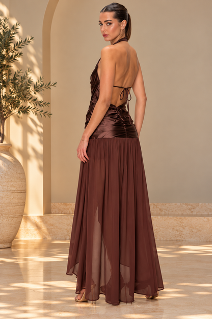 HALTER COWL NECK MIDI SATIN DRESS