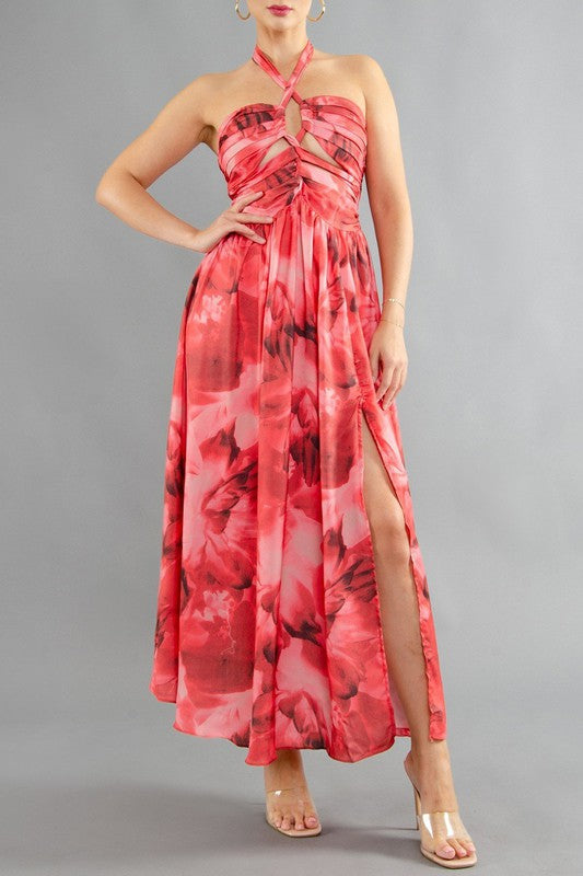 Floral Print Halter Neck Keyhole Maxi Dress