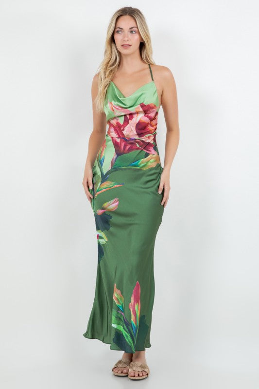 FLORAL PRINTED COWL NECK MAXI SATIN DRESS