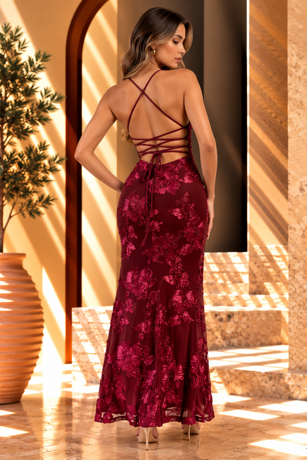 3D FLORAL LACE UP BACK MAXI DRESS