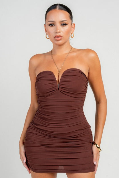 V WIRE RUCHED MESH MINI DRESS