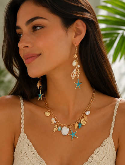 OCEAN STYLE PENDANT NECKLACE WITH SEA CHARMS & EARRINGS SET