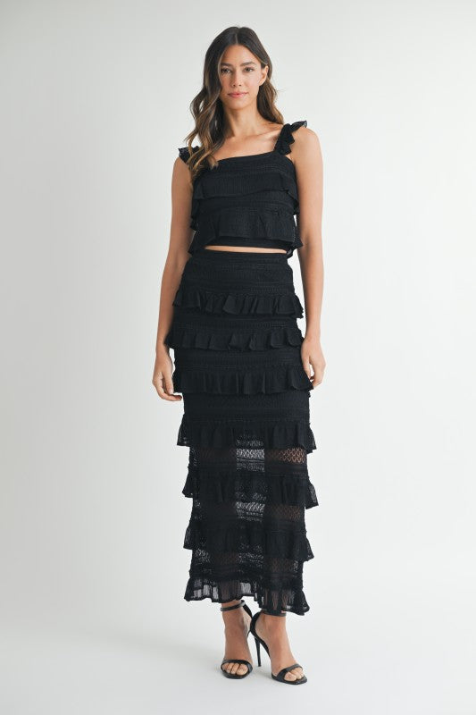 CONTRAST DETAIL RUFFLE KNIT TOP SKIRT SET