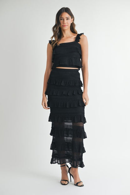 CONTRAST DETAIL RUFFLE KNIT TOP SKIRT SET