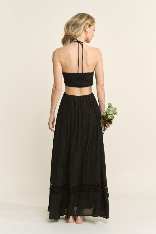 STONE BEAD HALTER STRAP CUTOUT MAXI DRESS