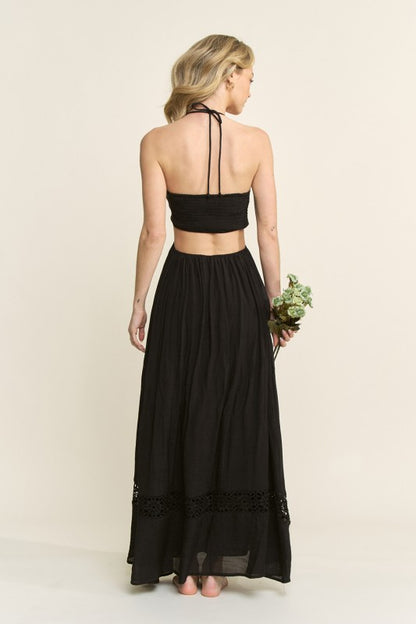 STONE BEAD HALTER STRAP CUTOUT MAXI DRESS
